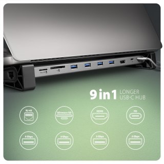 HMC-10HLS Wieloportowy hub USB 9in1, 5Gbps, 4x USB-A, HDMI 4K/60Hz, GLAN, SD/microSD, PD 100W, 25cm USB-C kabel