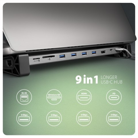 HMC-10HLS Wieloportowy hub USB 9in1, 5Gbps, 4x USB-A, HDMI 4K/60Hz, GLAN, SD/microSD, PD 100W, 25cm USB-C kabel AXAGON HMC-10HLS Wieloportowy hub USB 9in1, 5Gbps, 4x USB-A, HDMI 4K/60Hz, GLAN, SD/microSD, PD 100W, 25cm USB-C kabel AXAGON