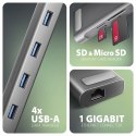 HMC-10HLS Wieloportowy hub USB 9in1, 5Gbps, 4x USB-A, HDMI 4K/60Hz, GLAN, SD/microSD, PD 100W, 25cm USB-C kabel AXAGON