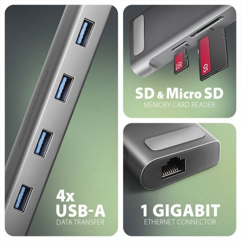 HMC-10HLS Wieloportowy hub USB 9in1, 5Gbps, 4x USB-A, HDMI 4K/60Hz, GLAN, SD/microSD, PD 100W, 25cm USB-C kabel AXAGON HMC-10HLS Wieloportowy hub USB 9in1, 5Gbps, 4x USB-A, HDMI 4K/60Hz, GLAN, SD/microSD, PD 100W, 25cm USB-C kabel AXAGON