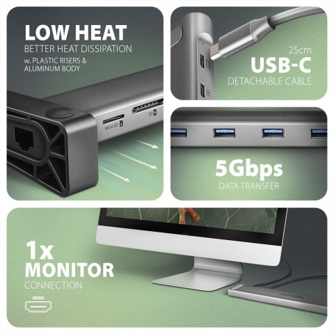 HMC-10HLS Wieloportowy hub USB 9in1, 5Gbps, 4x USB-A, HDMI 4K/60Hz, GLAN, SD/microSD, PD 100W, 25cm USB-C kabel AXAGON HMC-10HLS Wieloportowy hub USB 9in1, 5Gbps, 4x USB-A, HDMI 4K/60Hz, GLAN, SD/microSD, PD 100W, 25cm USB-C kabel AXAGON