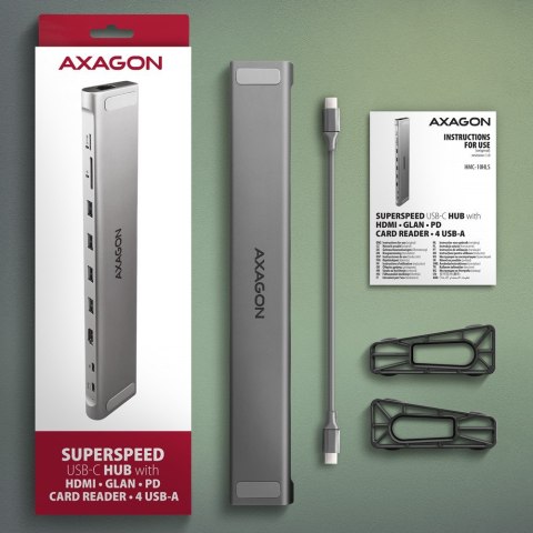 HMC-10HLS Wieloportowy hub USB 9in1, 5Gbps, 4x USB-A, HDMI 4K/60Hz, GLAN, SD/microSD, PD 100W, 25cm USB-C kabel AXAGON HMC-10HLS Wieloportowy hub USB 9in1, 5Gbps, 4x USB-A, HDMI 4K/60Hz, GLAN, SD/microSD, PD 100W, 25cm USB-C kabel AXAGON