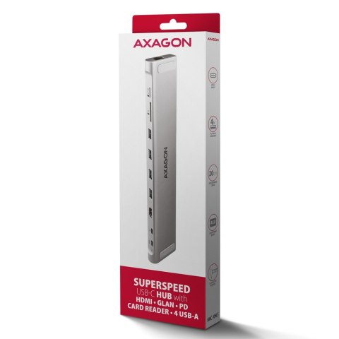 HMC-10HLS Wieloportowy hub USB 9in1, 5Gbps, 4x USB-A, HDMI 4K/60Hz, GLAN, SD/microSD, PD 100W, 25cm USB-C kabel AXAGON HMC-10HLS Wieloportowy hub USB 9in1, 5Gbps, 4x USB-A, HDMI 4K/60Hz, GLAN, SD/microSD, PD 100W, 25cm USB-C kabel AXAGON
