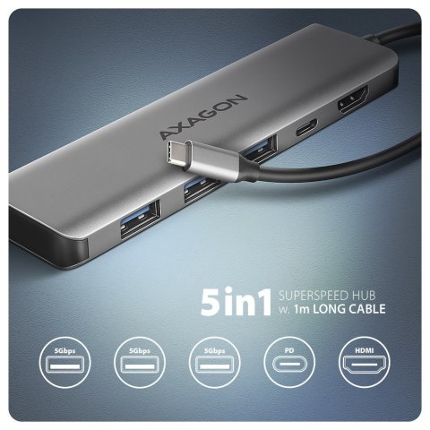 HMC-5H Wieloportowy hub USB 5in1, 5Gbps, 3x USB-A, HDMI 4K/30Hz, PD 100W, 100cm USB-C kabel AXAGON HMC-5H Wieloportowy hub USB 5in1, 5Gbps, 3x USB-A, HDMI 4K/30Hz, PD 100W, 100cm USB-C kabel AXAGON