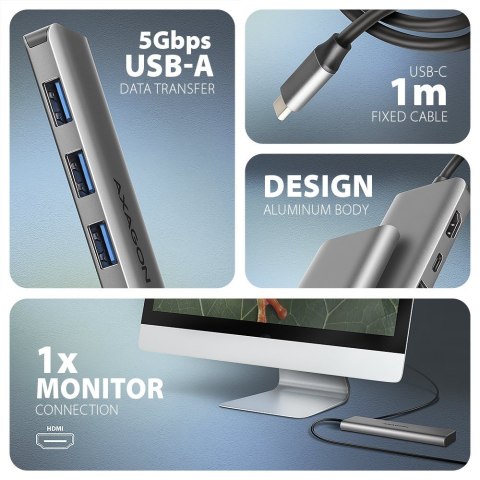 HMC-5H Wieloportowy hub USB 5in1, 5Gbps, 3x USB-A, HDMI 4K/30Hz, PD 100W, 100cm USB-C kabel AXAGON HMC-5H Wieloportowy hub USB 5in1, 5Gbps, 3x USB-A, HDMI 4K/30Hz, PD 100W, 100cm USB-C kabel AXAGON