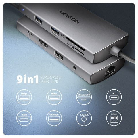 HMC-8HLSA Wieloportowy hub USB 9in1, 5Gbps, 3x USB-A + HDMI 4K/30Hz, SD/microSD, GLAN, Audio, PD 100W, 20cm USB-C kabel AXAGON HMC-8HLSA Wieloportowy hub USB 9in1, 5Gbps, 3x USB-A + HDMI 4K/30Hz, SD/microSD, GLAN, Audio, PD 100W, 20cm USB-C kabel AXAGON