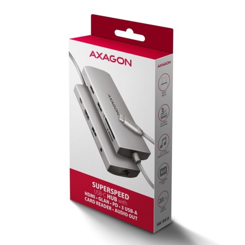 HMC-8HLSA Wieloportowy hub USB 9in1, 5Gbps, 3x USB-A + HDMI 4K/30Hz, SD/microSD, GLAN, Audio, PD 100W, 20cm USB-C kabel AXAGON HMC-8HLSA Wieloportowy hub USB 9in1, 5Gbps, 3x USB-A + HDMI 4K/30Hz, SD/microSD, GLAN, Audio, PD 100W, 20cm USB-C kabel AXAGON