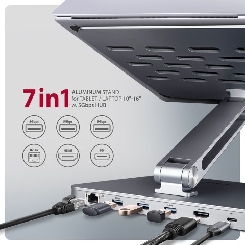 HMC-STND Stojak z wieloportowy hub Aluminiowy 7in1, 5Gbps, do 10"-16" cali laptopów, nastawny, 3x USB-A, HDMI 4K/60Hz, GLAN, PD AXAGON HMC-STND Stojak z wieloportowy hub Aluminiowy 7in1, 5Gbps, do 10"-16" cali laptopów, nastawny, 3x USB-A, HDMI 4K/60Hz, GLAN, PD AXAGON