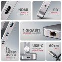 HMC-STND Stojak z wieloportowy hub Aluminiowy 7in1, 5Gbps, do 10"-16" cali laptopów, nastawny, 3x USB-A, HDMI 4K/60Hz, GLAN, PD  AXAGON