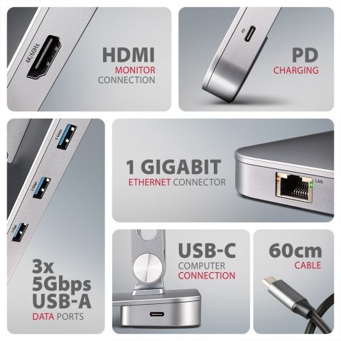 HMC-STND Stojak z wieloportowy hub Aluminiowy 7in1, 5Gbps, do 10"-16" cali laptopów, nastawny, 3x USB-A, HDMI 4K/60Hz, GLAN, PD AXAGON HMC-STND Stojak z wieloportowy hub Aluminiowy 7in1, 5Gbps, do 10"-16" cali laptopów, nastawny, 3x USB-A, HDMI 4K/60Hz, GLAN, PD AXAGON