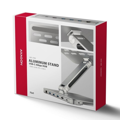 HMC-STND Stojak z wieloportowy hub Aluminiowy 7in1, 5Gbps, do 10"-16" cali laptopów, nastawny, 3x USB-A, HDMI 4K/60Hz, GLAN, PD AXAGON HMC-STND Stojak z wieloportowy hub Aluminiowy 7in1, 5Gbps, do 10"-16" cali laptopów, nastawny, 3x USB-A, HDMI 4K/60Hz, GLAN, PD AXAGON