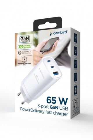 Ładowarka PowerDelivery 1xA 2xC GaN 65W Biała Gembird