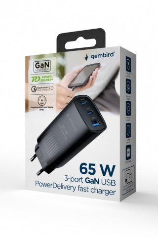 Ładowarka PowerDelivery 1xA 2xC GaN 65W Czarna Gembird