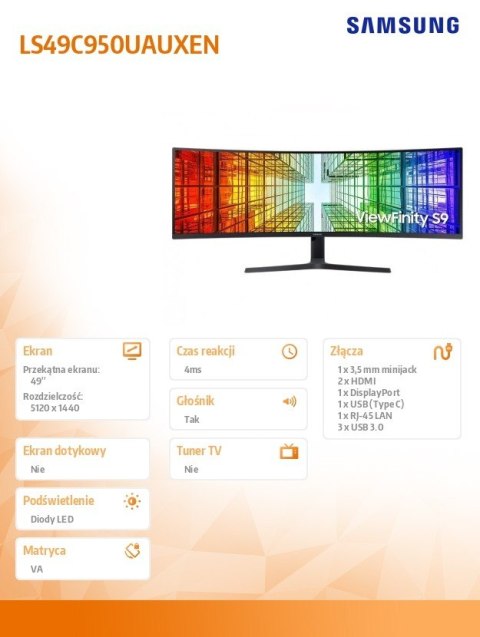 Monitor 49 cali ViewFinity S95UC VA 5120x1440 DQHD 32:9 2xHDMI 1xDP 1xUSB-C (90W) 3xUSB 3.0 LAN 5ms PinP/PbyP 120Hz HAS gł. zakr Samsung Monitor 49 cali ViewFinity S95UC VA 5120x1440 DQHD 32:9 2xHDMI 1xDP 1xUSB-C (90W) 3xUSB 3.0 LAN 5ms PinP/PbyP 120Hz HAS gł. zakr Samsung