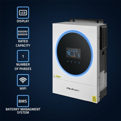 Hybrydowy inwerter solarny Off-Grid 6kVA | 6kW | 120A | MPPT | LCD | Wi-Fi | BMS | Sinus Qoltec Hybrydowy inwerter solarny Off-Grid 6kVA | 6kW | 120A | MPPT | LCD | Wi-Fi | BMS | Sinus Qoltec