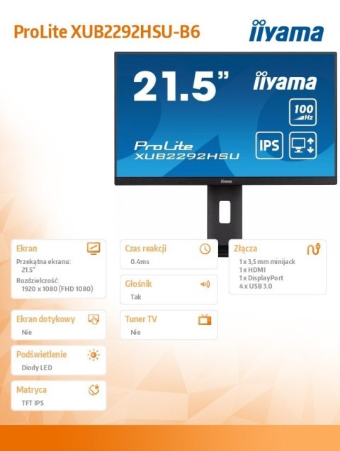 Monitor 21.5 cala XUB2292HSU-B6 IPS,100Hz,FreeSync,PIVOT,0.4ms,HDMI, DP,4xUSB(3.2),2x2W,HAS(150mm) IIYAMA