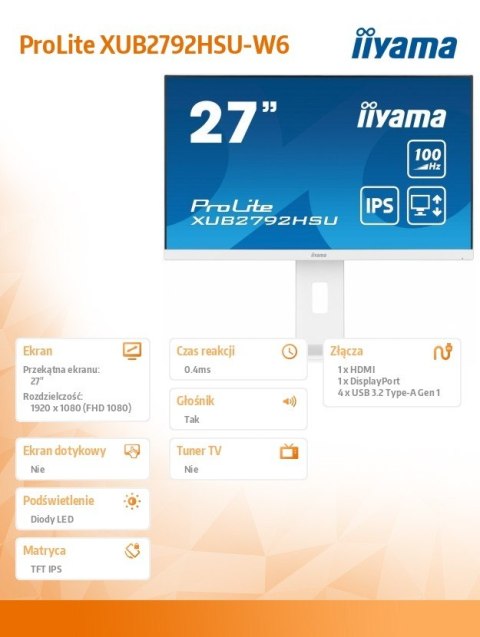 Monitor 27 cali ProLite XUB2792HSU-W6 IPS,HDMI,DP,100Hz,SLIM,4xUSB3.2,PIVOT, HAS(150mm),2x2W IIYAMA