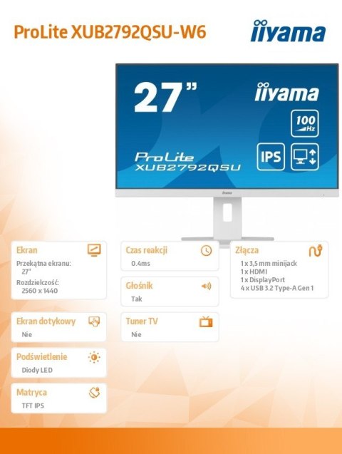 Monitor 27 cali ProLite XUB2792QSU-W6 IPS,QHD,HAS(150mm),100Hz,4xUSB3.2,SLIM IIYAMA