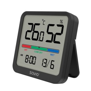 Czujnik temperatury i wilgotności, do użytku wewnętrznego, ekran LCD, zegar, data, uchwyt z magnesem, CT-01/B Czarny Savio