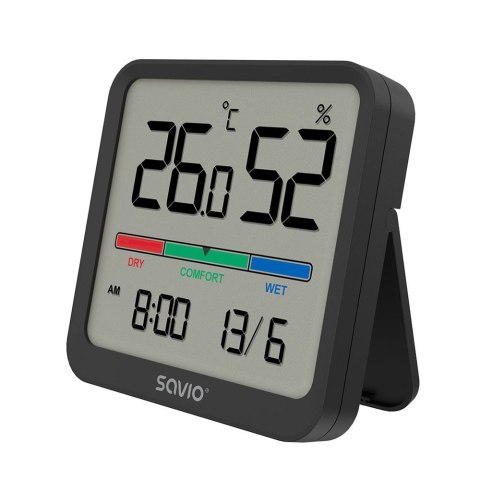 Czujnik temperatury i wilgotności, do użytku wewnętrznego, ekran LCD, zegar, data, uchwyt z magnesem, CT-01/B Czarny Savio