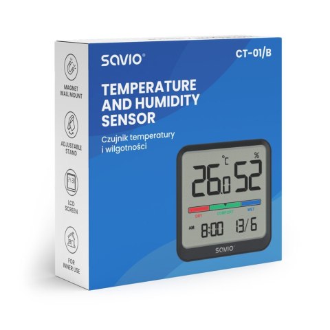 Czujnik temperatury i wilgotności, do użytku wewnętrznego, ekran LCD, zegar, data, uchwyt z magnesem, CT-01/B Czarny Savio