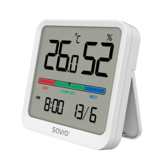 Czujnik temperatury i wilgotności, do użytku wewnętrznego, ekran LCD, zegar, data, uchwyt z magnesem, CT-01/W Biały Savio