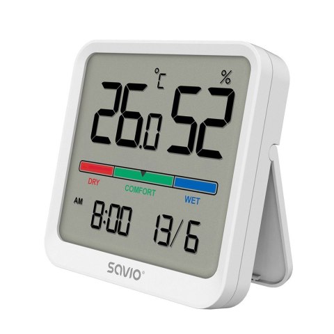 Czujnik temperatury i wilgotności, do użytku wewnętrznego, ekran LCD, zegar, data, uchwyt z magnesem, CT-01/W Biały Savio