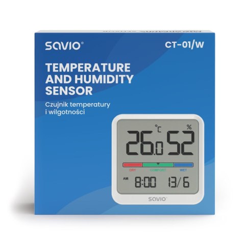 Czujnik temperatury i wilgotności, do użytku wewnętrznego, ekran LCD, zegar, data, uchwyt z magnesem, CT-01/W Biały Savio