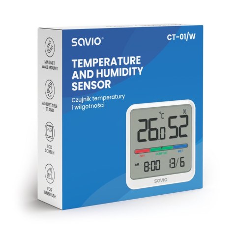 Czujnik temperatury i wilgotności, do użytku wewnętrznego, ekran LCD, zegar, data, uchwyt z magnesem, CT-01/W Biały Savio