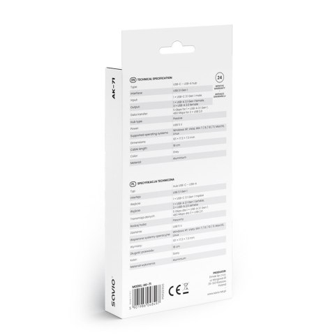 Hub 4 porty USB-C - 3 x USB-A 2.0, 1 x USB-A 3.1 3.1 GEN 1, 5 Gbps, AK-71 Savio