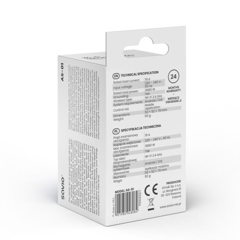 Inteligentne gniazdko Wi-Fi 16A Pomiar zużycia energii, wielopak 3 szt., AS-01, białe