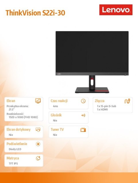 Monitor 21.5 cala ThinkVision S22i-30 WLED LCD 63FCKATBEU Lenovo