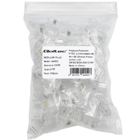 Wtyk złącze modularne RJ45 | CAT6 | UTP | Pozłacane styki | 100 sztuk Qoltec