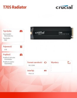 Dysk SSD T705 4TB M.2 NVMe 2280 PCIe 5.0 14100/12600 radiator Crucial