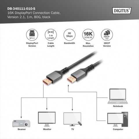 Kabel połączeniowy PREMIUM DisplayPort 2.1 16K 60Hz DP/DP M/M 1m Czarny Digitus