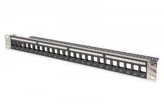 Panel krosowy (patch panel) modularny 19" 24 porty pod moduły keystone, 1U, ekranowany, prowadnica kabli, wymienne pola opisowe  Digitus