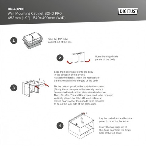 Szafa sieciowa wisząca 19" 4U, SOHO PRO 240 x 540 x 400 mm, nośność 60kg, drzwi szyba, niezłożona, Szara Digitus