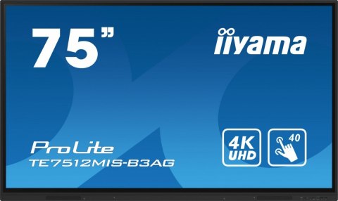 Monitor 75 cali ProLite TE7512MIS-B3AG,INFRARED,40pkt,IPS,4K, 24/7, 7H, WiFi,VGA, HDMI, USB-c, Bluetooth,metal,8ms, vesa, głośni IIYAMA