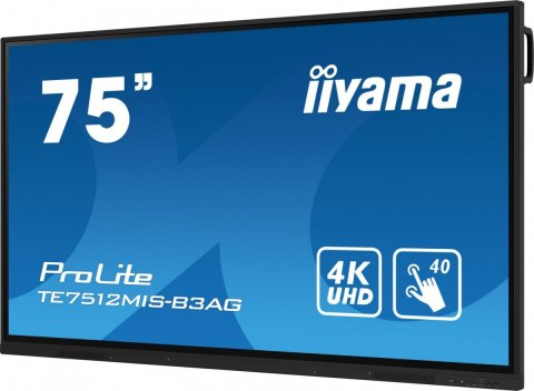 Monitor 75 cali ProLite TE7512MIS-B3AG,INFRARED,40pkt,IPS,4K, 24/7, 7H, WiFi,VGA, HDMI, USB-c, Bluetooth,metal,8ms, vesa, głośni IIYAMA