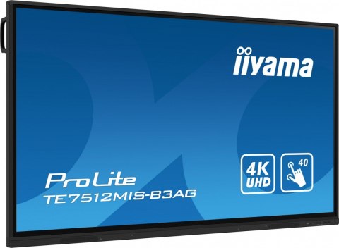 Monitor 75 cali ProLite TE7512MIS-B3AG,INFRARED,40pkt,IPS,4K, 24/7, 7H, WiFi,VGA, HDMI, USB-c, Bluetooth,metal,8ms, vesa, głośni IIYAMA