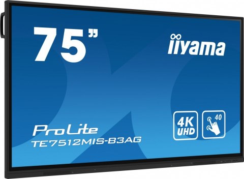Monitor 75 cali ProLite TE7512MIS-B3AG,INFRARED,40pkt,IPS,4K, 24/7, 7H, WiFi,VGA, HDMI, USB-c, Bluetooth,metal,8ms, vesa, głośni IIYAMA