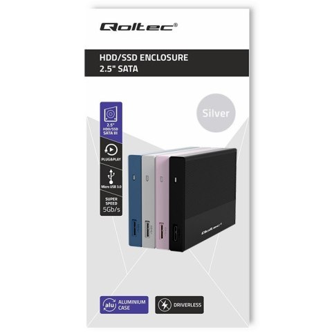 Obudowa | Kieszeń na dysk SSD HDD 2.5 cala| SATA | USB 3.0 | Super speed 5Gb/s | 2TB | Srebrna Qoltec