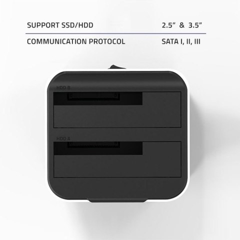 Stacja dokująca do dysków HDD SSD 2.5" 3.5" | SATA III | USB 3.0 | Super speed 5Gb/s | z funkcją klonowania offline Qoltec