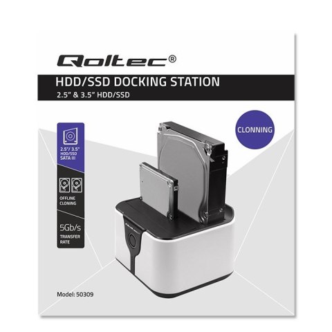 Stacja dokująca do dysków HDD SSD 2.5" 3.5" | SATA III | USB 3.0 | Super speed 5Gb/s | z funkcją klonowania offline Qoltec