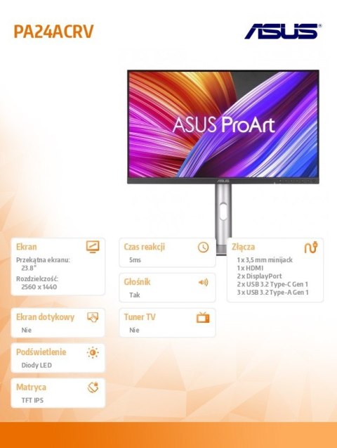 Monitor 24 cale PA24ACRV BK/5MS/EU/DP/HDMI/USB-C/GŁOŚNIKI Asus Monitor 24 cale PA24ACRV BK/5MS/EU/DP/HDMI/USB-C/GŁOŚNIKI Asus