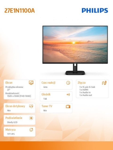 Monitor 27E1N1100A 27 cali IPS 100Hz HDMI Głośniki Philips Monitor 27E1N1100A 27 cali IPS 100Hz HDMI Głośniki Philips