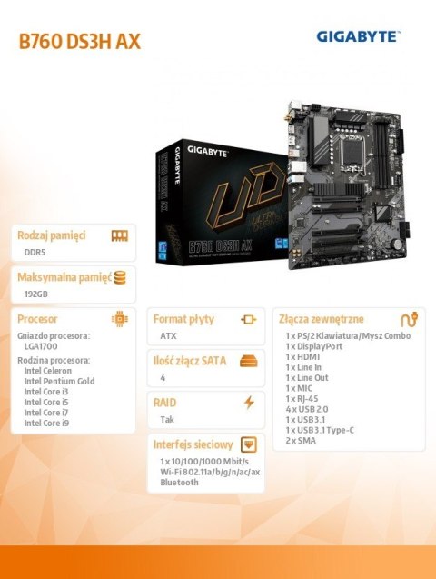 Płyta główna B760 DS3H AX s1700 4DDR5 DP/HDMI ATX Gigabyte Płyta główna B760 DS3H AX s1700 4DDR5 DP/HDMI ATX Gigabyte