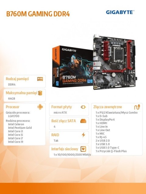 Płyta główna B760M GAMING DDR4 s1700 2DDR4 DP/HDMI mATX Gigabyte Płyta główna B760M GAMING DDR4 s1700 2DDR4 DP/HDMI mATX Gigabyte
