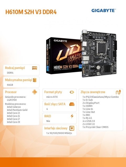 Płyta główna H610M S2H V3 DDR4 s1700 2DDR4 DP/HDMI M.2 mATX Gigabyte Płyta główna H610M S2H V3 DDR4 s1700 2DDR4 DP/HDMI M.2 mATX Gigabyte