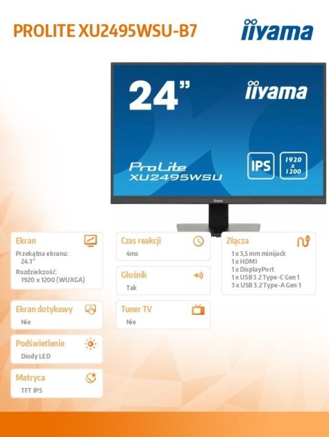 Monitor 24 cale XU2495WSU-B7 IPS,16:10,300cd,4ms,HDMI,DP,3xUSB(3.2), 1xUSB-c,2x2W,FlickerFree IIYAMA